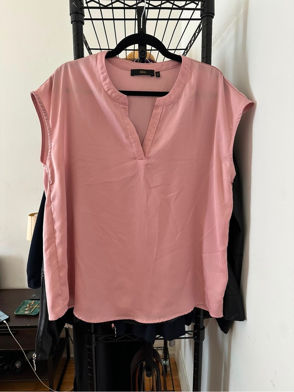 AKA New York Blush Split V-Neck Cap Sleeve Blouse